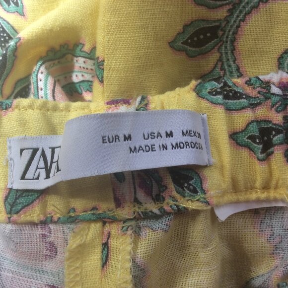 Zara Yellow Linen Blend Paisley Lounge Cropped High Rise Trousers Size Medium - Picture 4 of 4